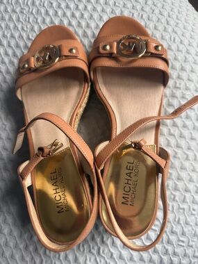 Michael Kors Carmel-Tan Leather Ankle-Strap Sandals with Gold MK Emblem